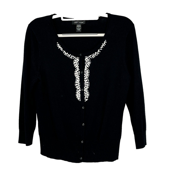 Cable & Gauge Cardigan Women Large Black Sweater Pearl Bling Holiday Party Class - Picture 1 of 7